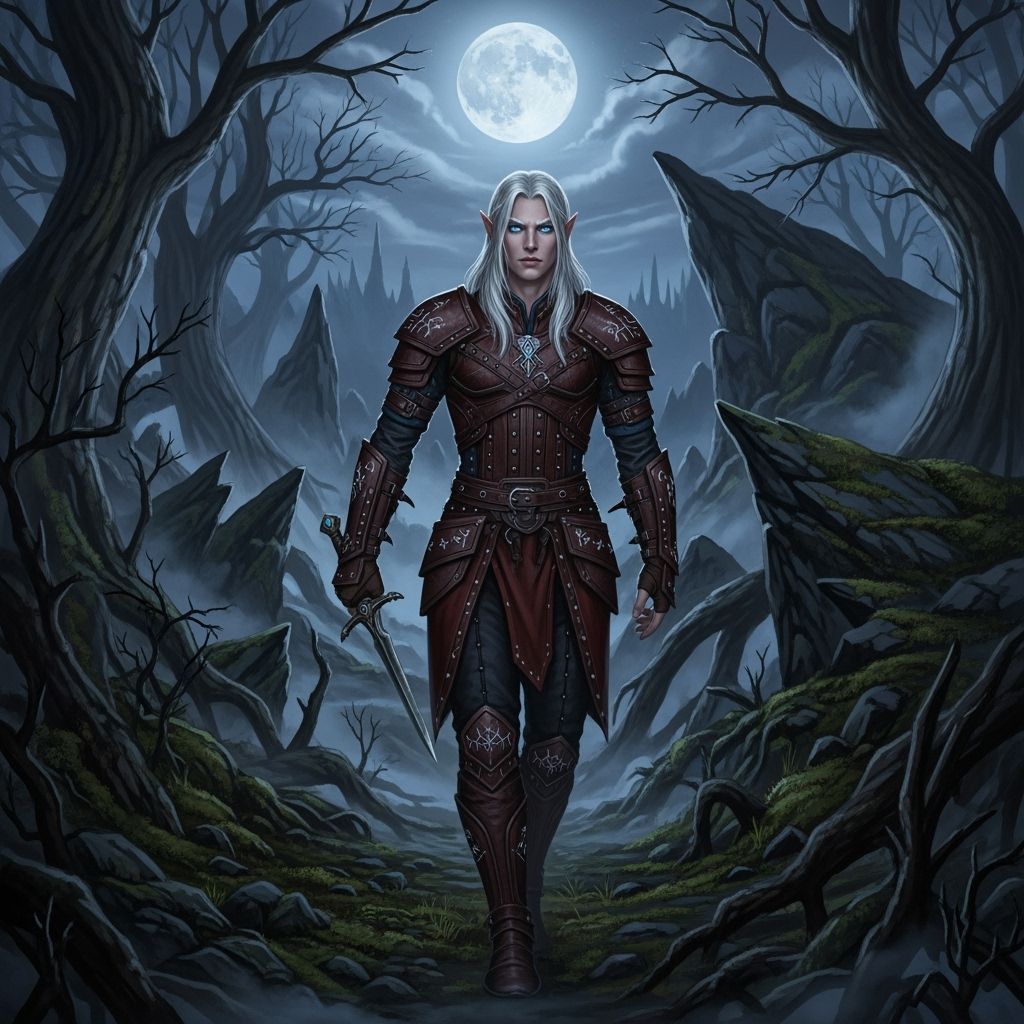 Elf in Moonlit Woodlands with Red Armor
