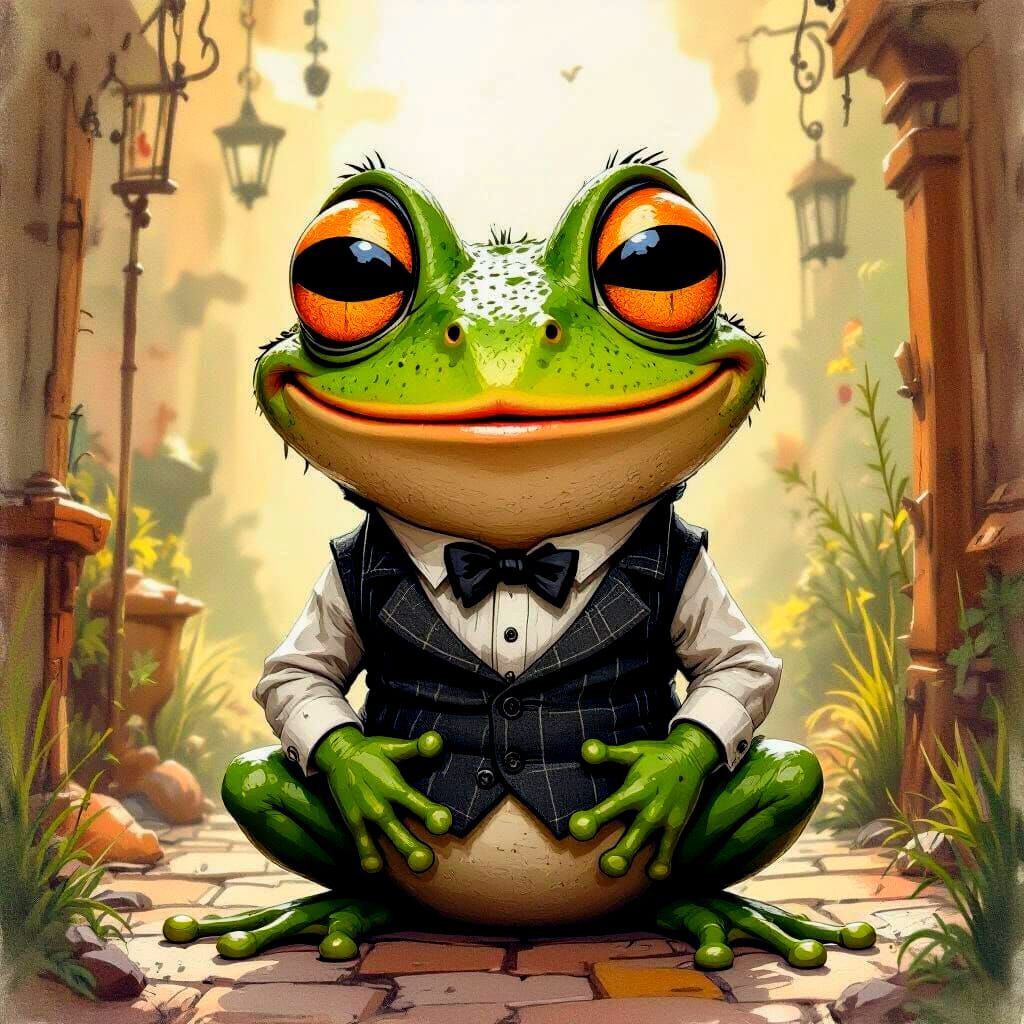 Whimsical 3D Frog Caricature in Ronald Searle Style