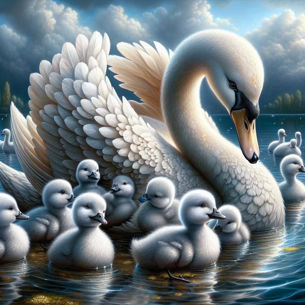 Imagine a tender moment as a mother swan turns her head to look at her three adorable silvery gray very fluffy ducklings...