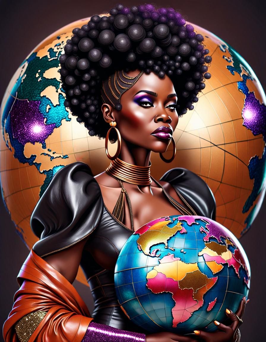 Woman with Globe Afro in 3D Ink Drawing