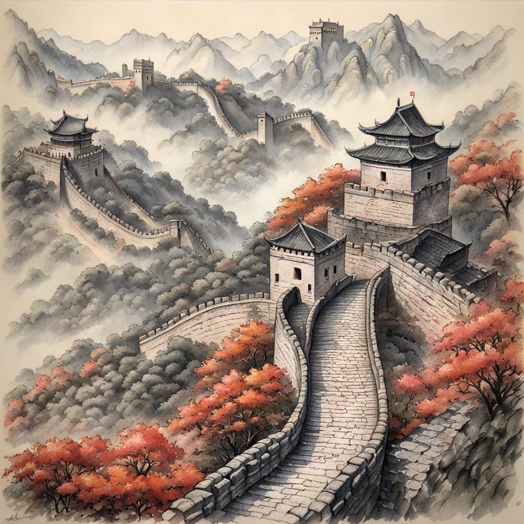 The Great Wall of China: Chinese Ink Drawing