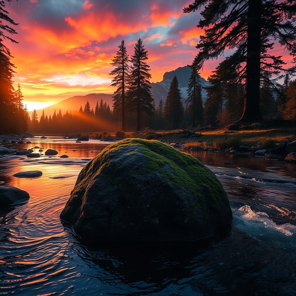 Mossy Boulder by Babbling Brook Under Crimson Sky