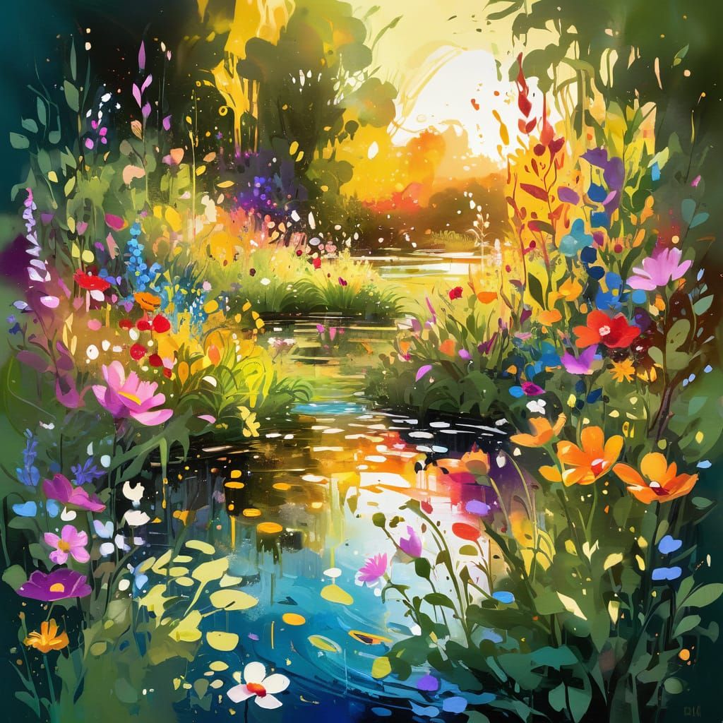 Overgrown Garden with Wildflowers in Splash Art Style
