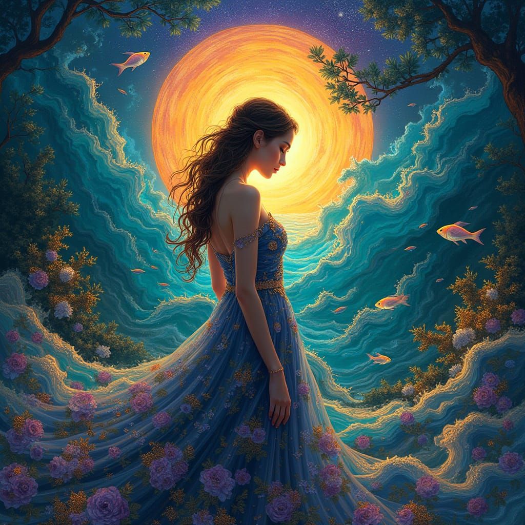 Elegant Woman Surrounded by Vibrant Underwater Dreamscape in...