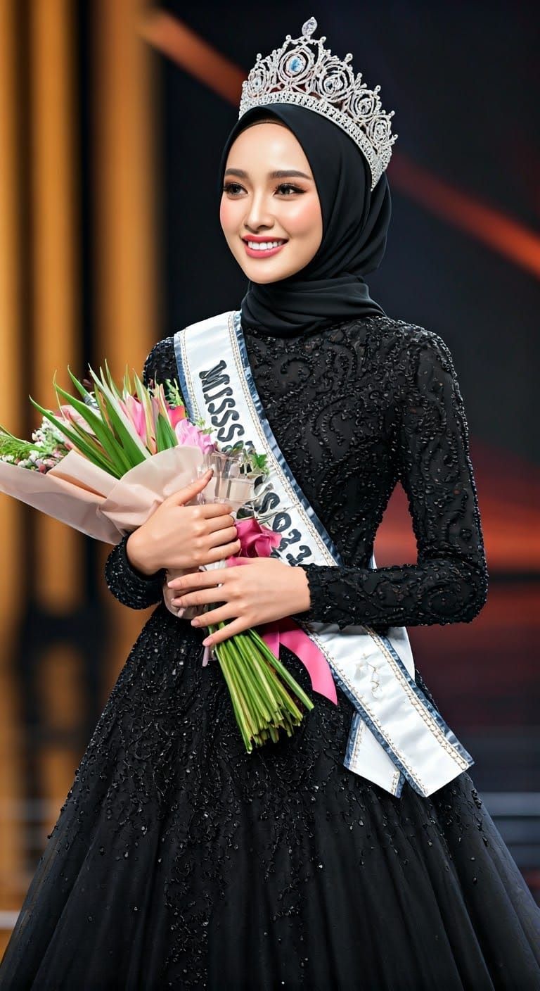 Elegant Korean Hijaber in Black Regalia Stands Confidently o...