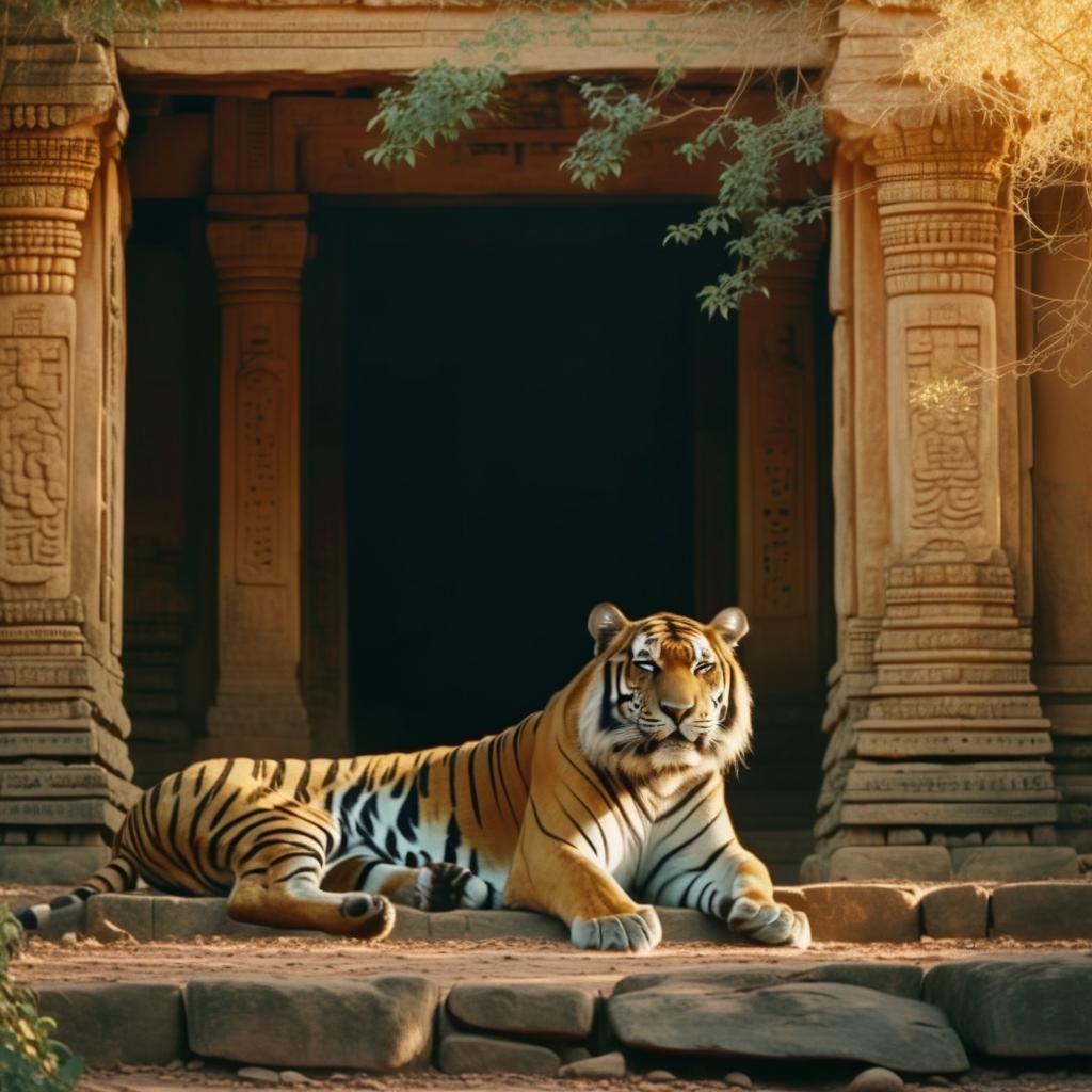 Tigers and Cubs Resting in Ancient Temple