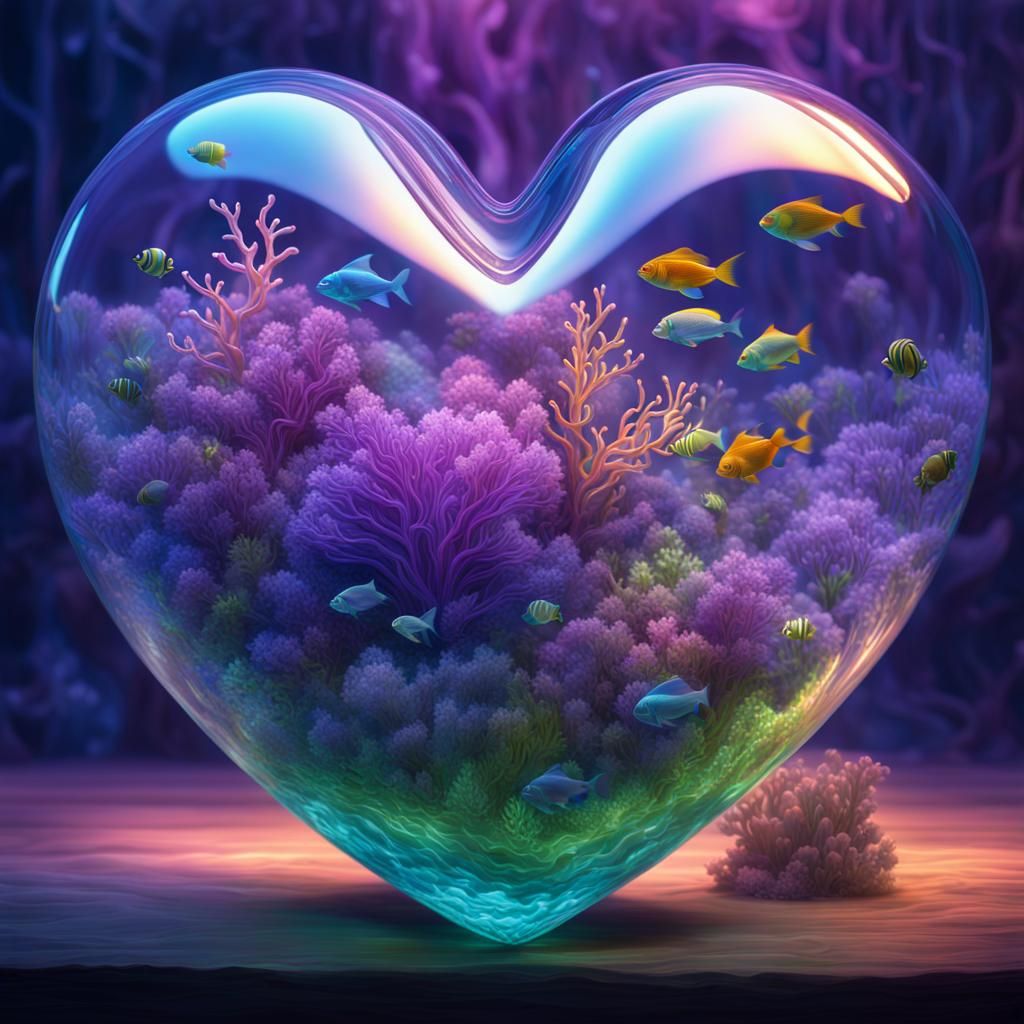 Luminescent Glass Heart Vase Underwater Scene