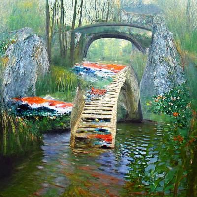 Impressionist Bridge over Stream in Oil Paint