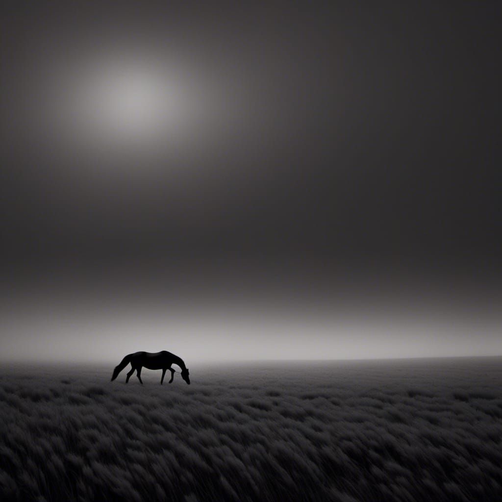 Monochrome Horse in Dark Valley at Night