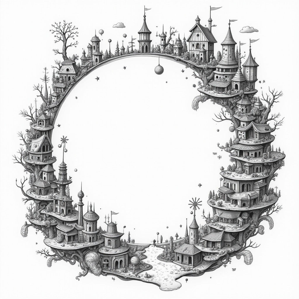 Intricate Line Art Circle with Whimsical Miniature World