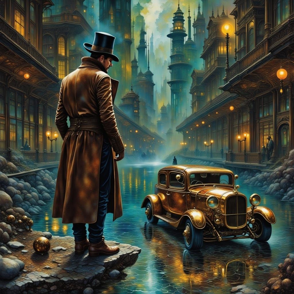 Steampunk Car Sinking in Oily Lake