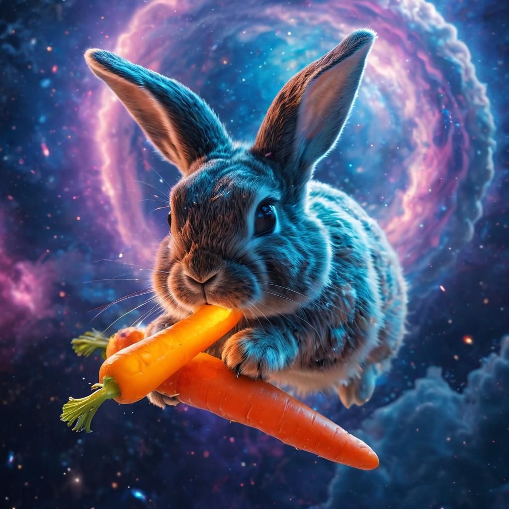 Bunny in Space Eating Cosmic Carrots