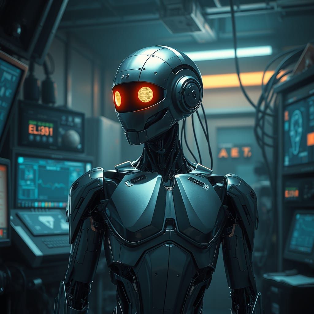 Futuristic Android Malfunction in Photorealistic Style