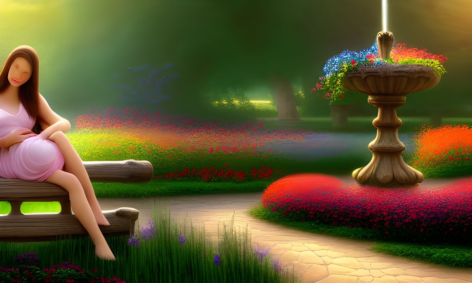 Ethereal Garden: Mother and Child in Sunny Landscape