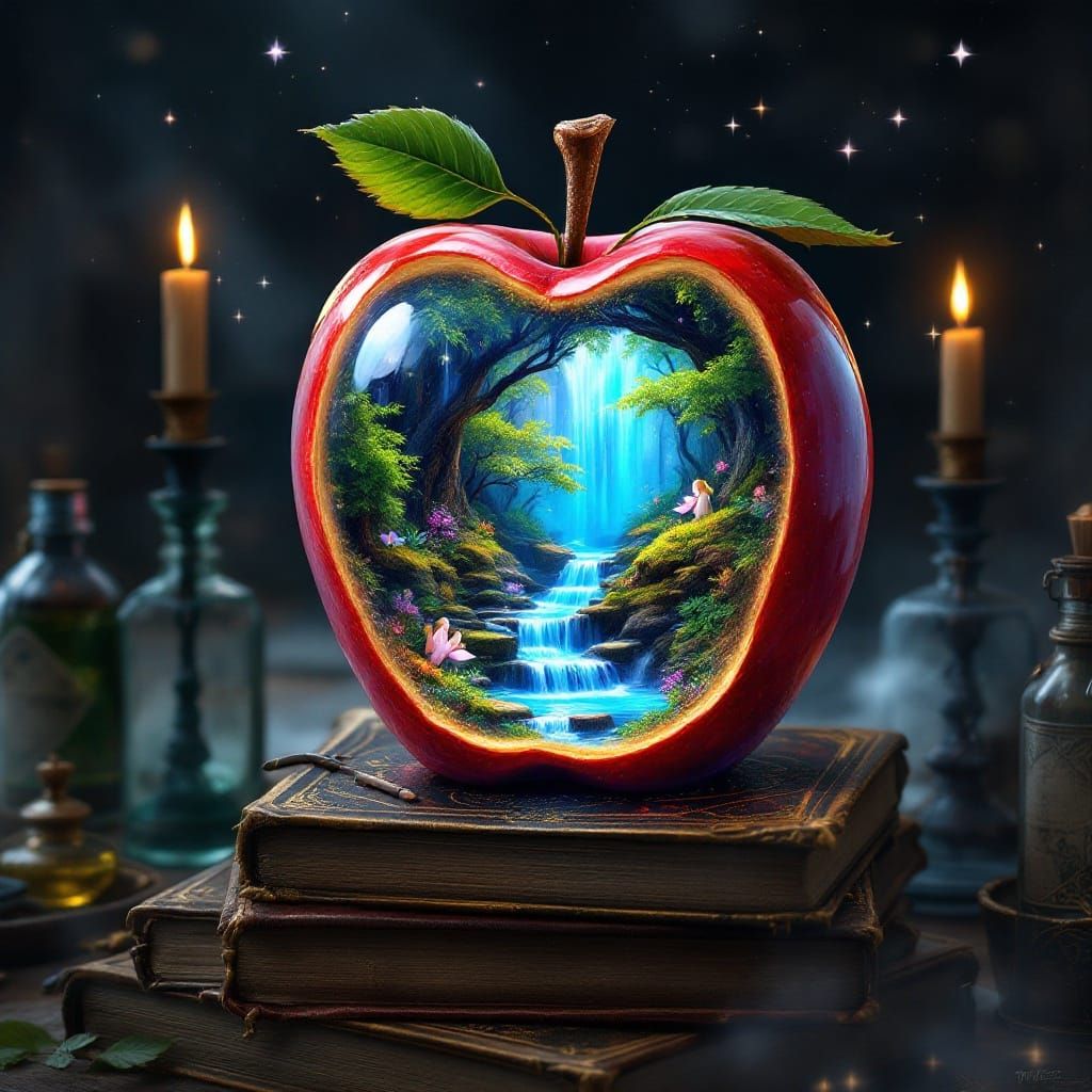 Whimsical Waterfall within Glass Apple in Enchanted Library