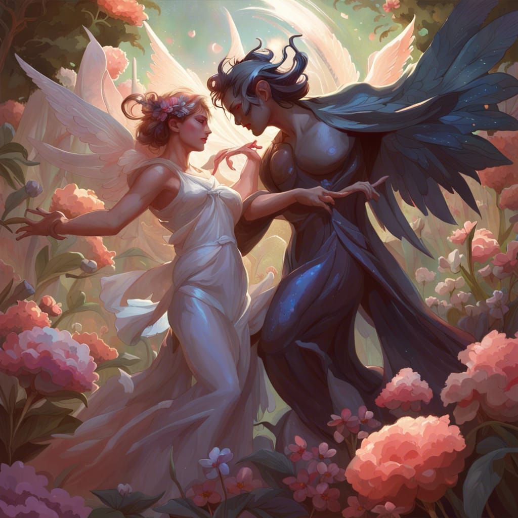 Demon and Angel Dancing in Flower Garden