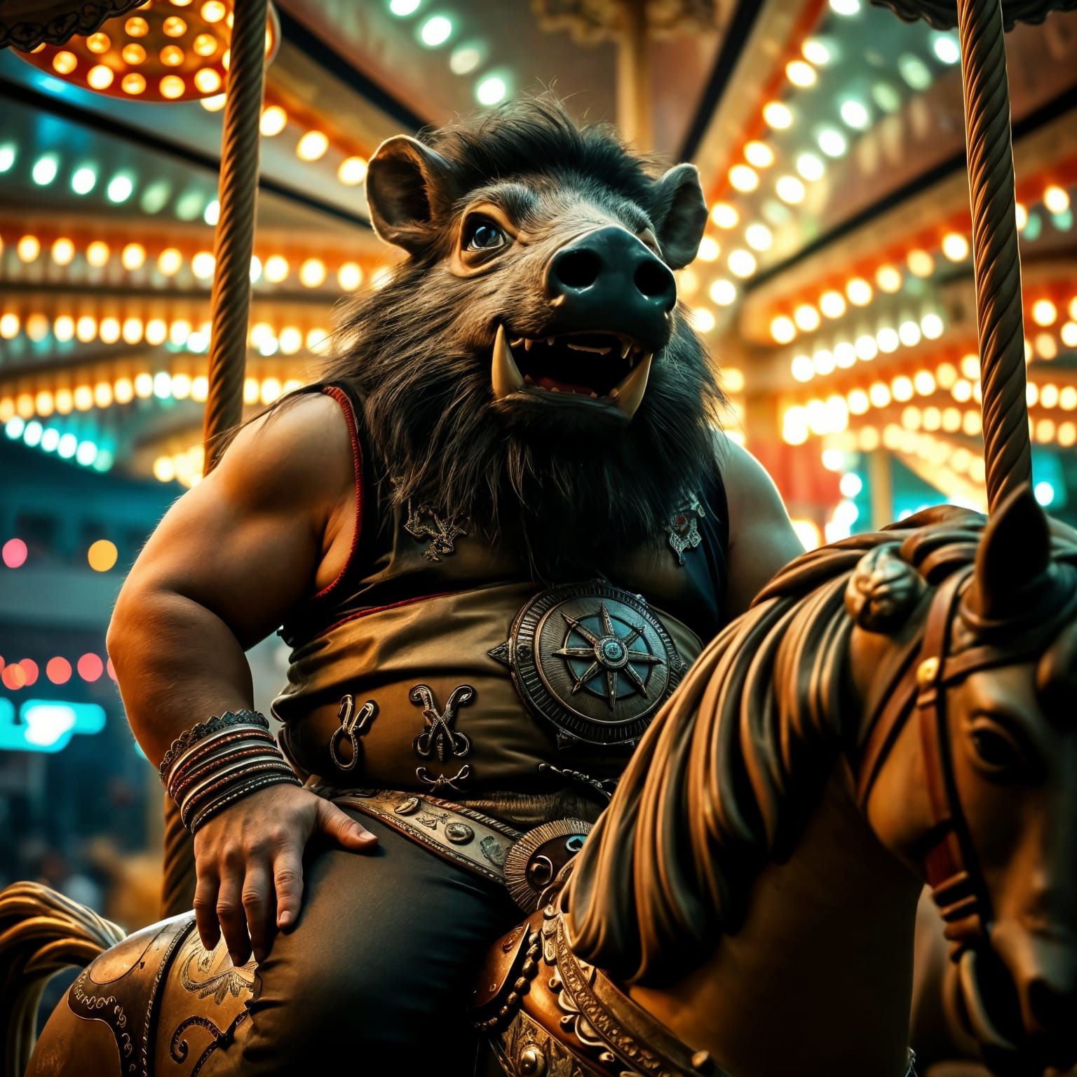 Boar-Headed Man on Carousel Horse, Cinematic Lighting