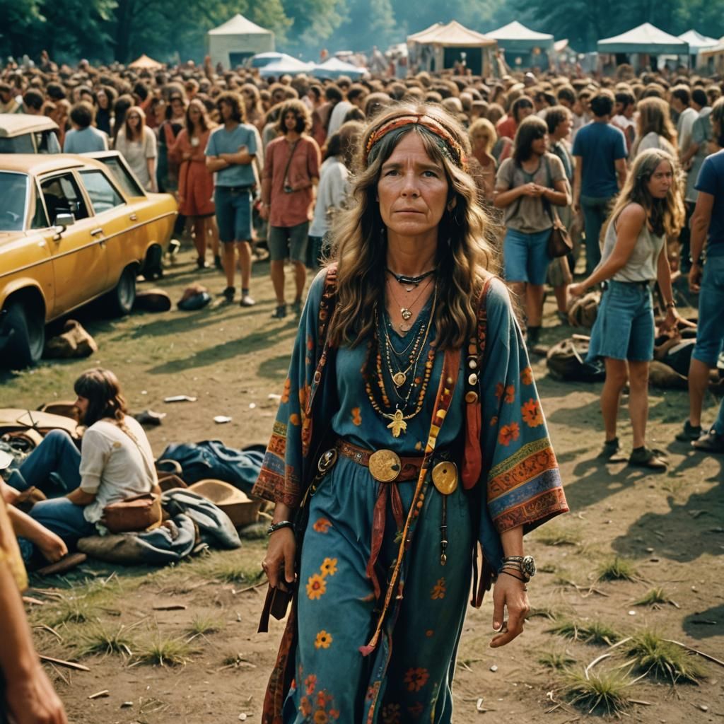 Hippy Portrait at Woodstock: Cinematic Film Still