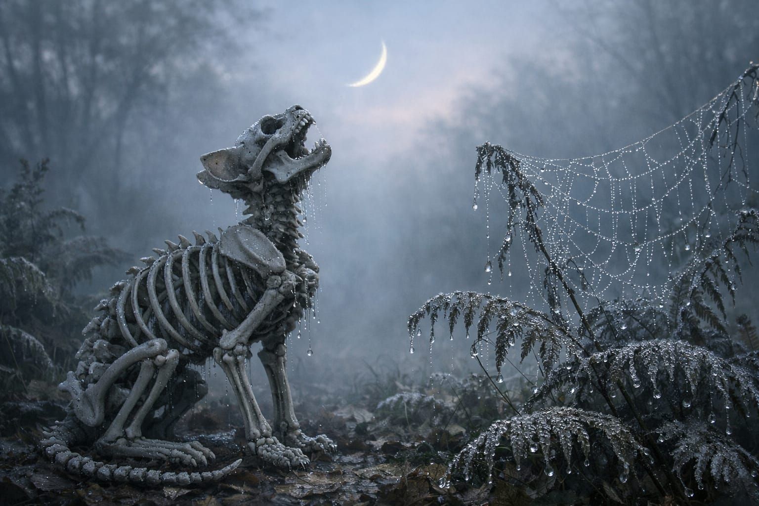 Cat Skeleton Howling at Moon in Misty Morning