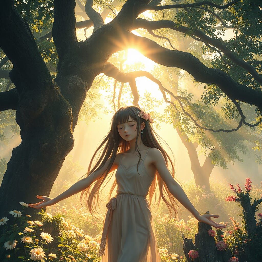 Anime Girl Meditating in Ethereal Art Nouveau Forest