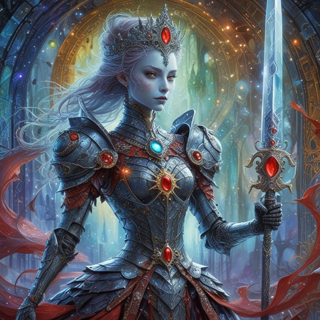 Icy Nanited Robotified Princess-Knight with Her Magic Sword and Scabbard