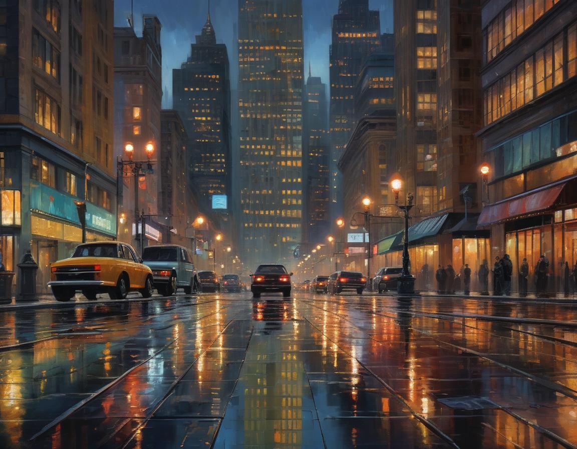 Impressionist Cityscape at Dusk with Art Deco Details