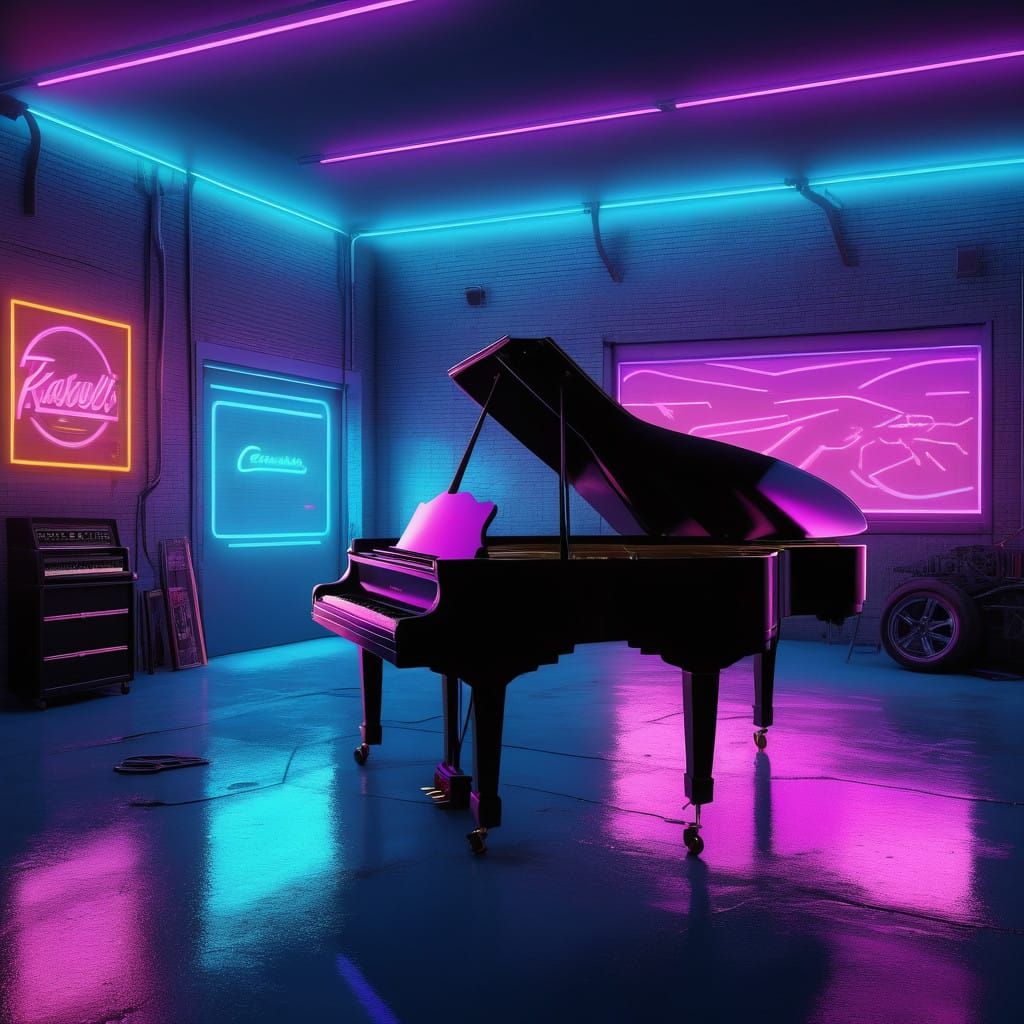 Retro-Futuristic Car Garage with Synthwave Glow and Grand Pi...