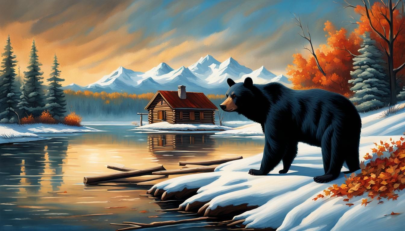 Winter Landscape with Black Bear, in Graffiti Art Style