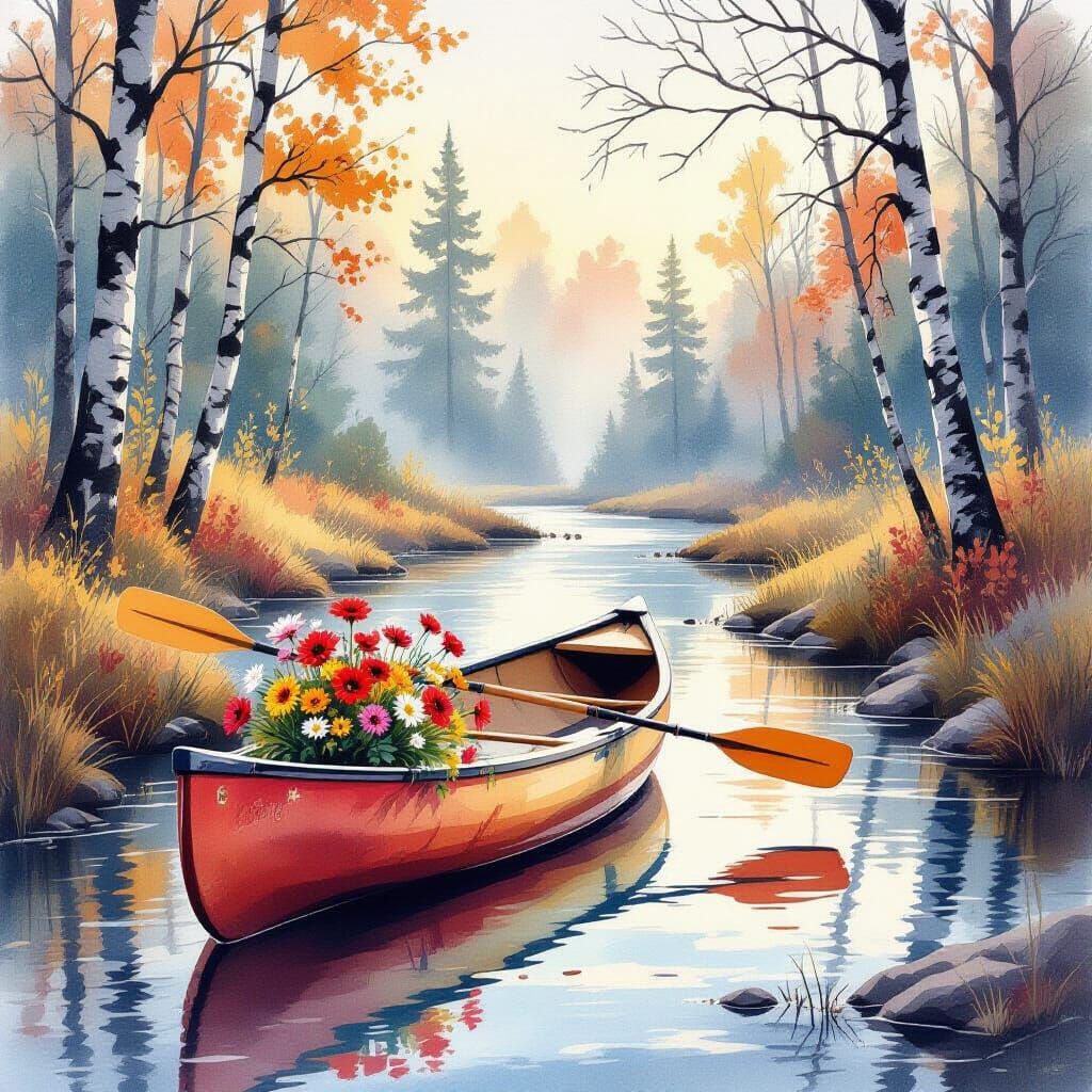 Rustic Kayak Laden With Flowers by Autumn Stream