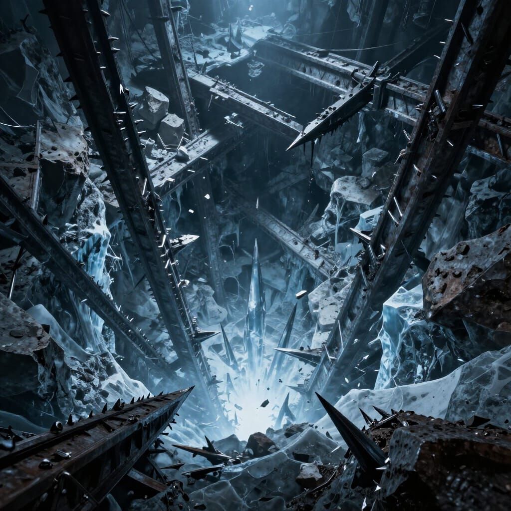 Terrifying Descent into Icy Pit with Sharp Rocks and Steel