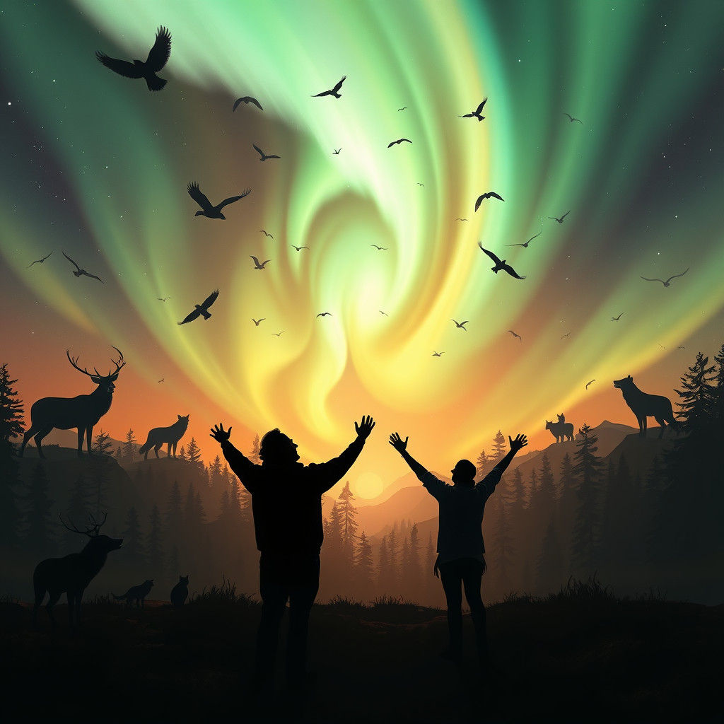 Aurora Borealis Wildlife Silhouettes in Dreamy Landscape
