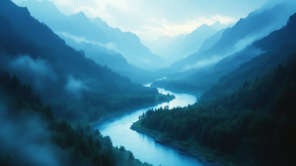 Blue Landscape Photo with River and Mountains