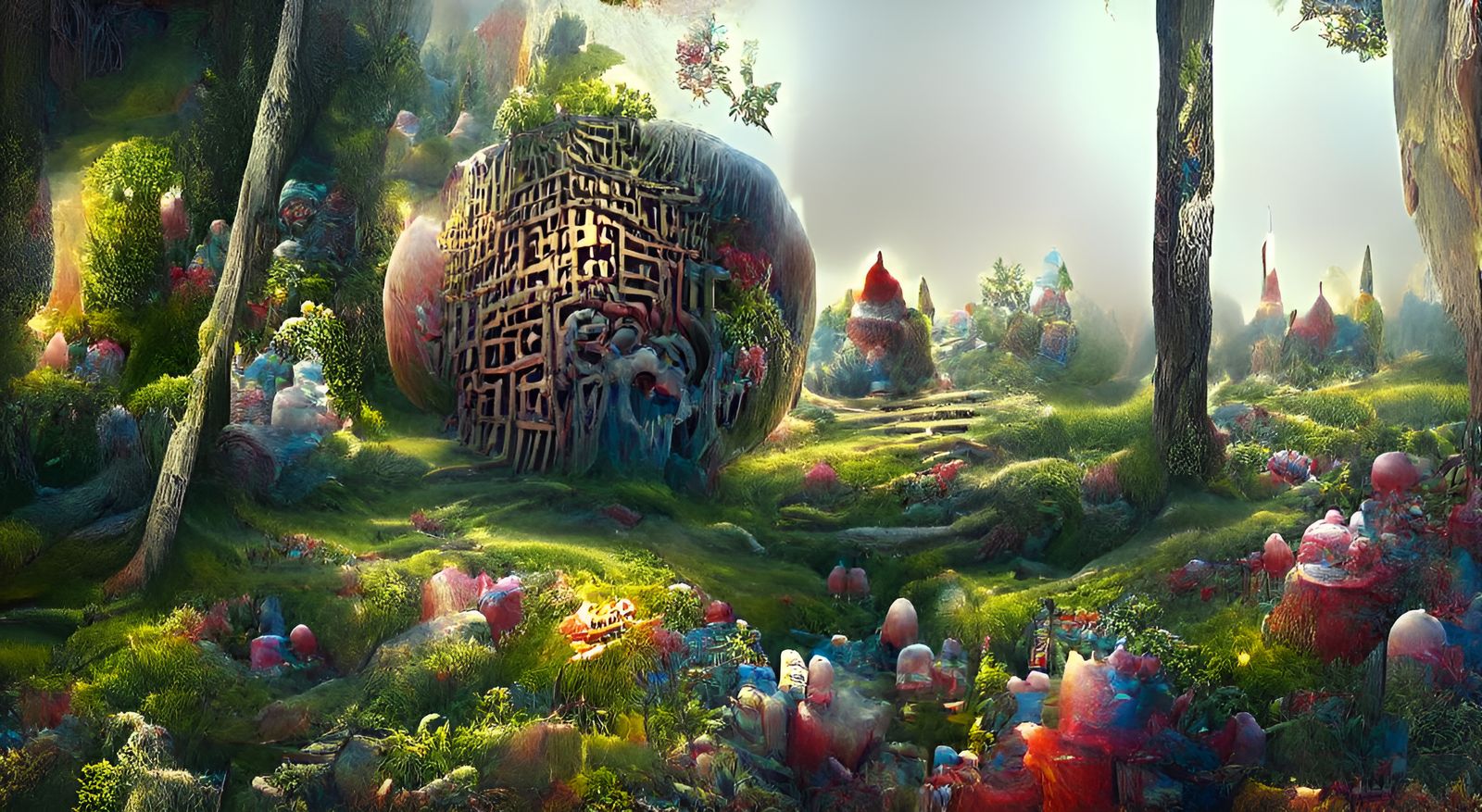 Gnome House Surrounded by Flowers: Cosmic Illustration