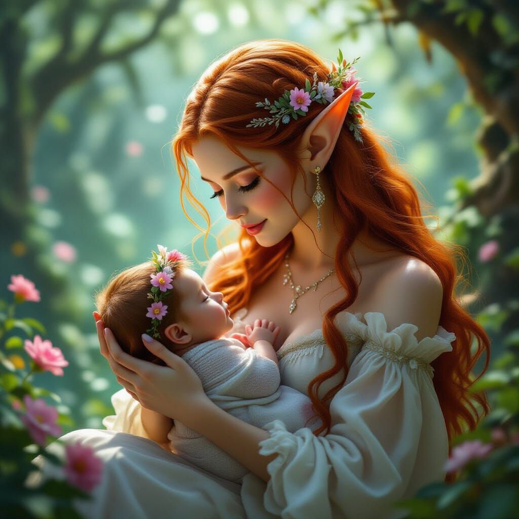 Flower Elf Mother Cradles Newborn in Dreamlike Scene