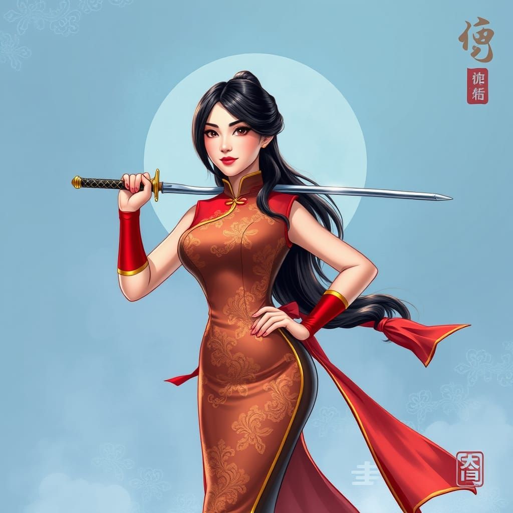 Hyperrealistic Disney Princess Mulan Pin Up in Traditional C...
