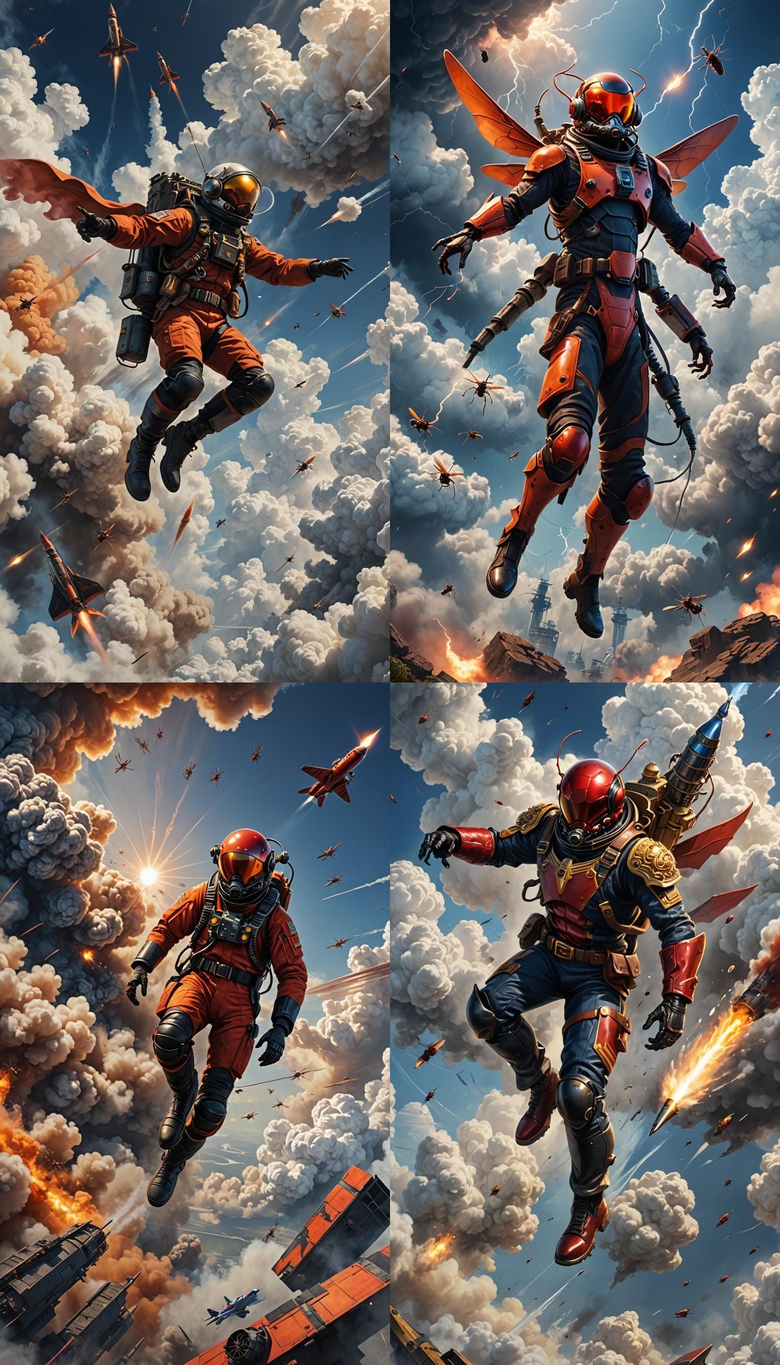 Red Ant Pilot Flying Through Clouds: Digital Art