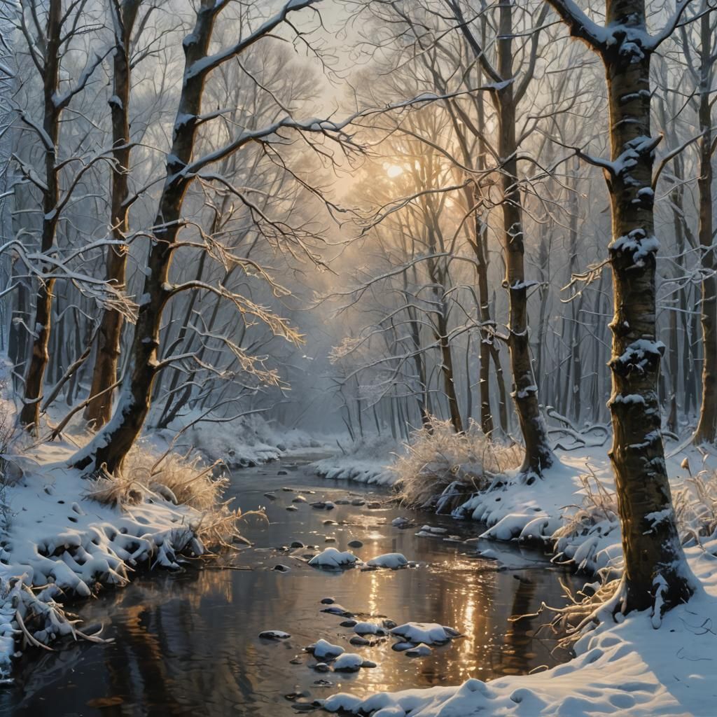 Hyperrealistic Oil Painting: Snowy Forest and Stream