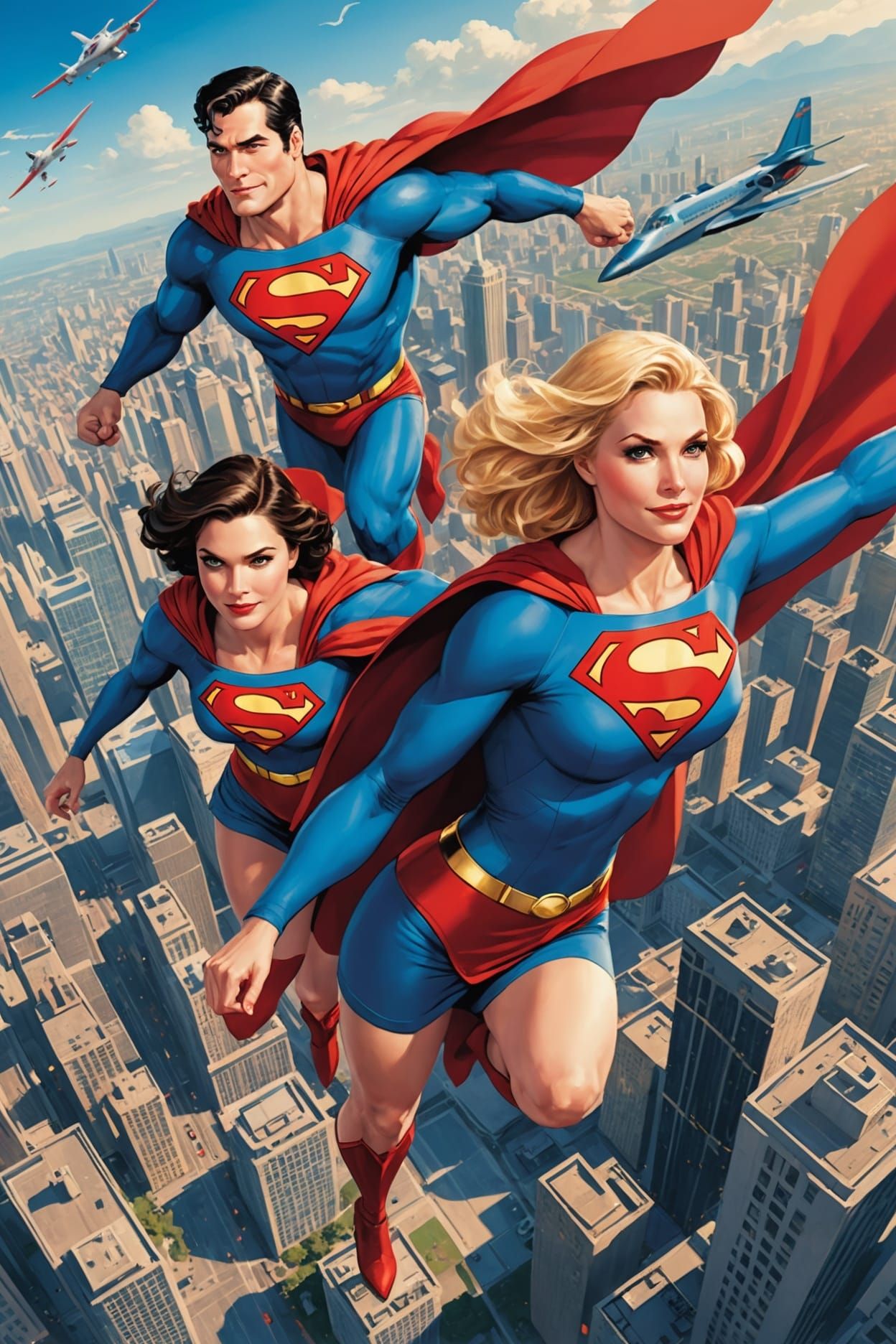 Superman, Supergirl, Power Girl Fly Over City