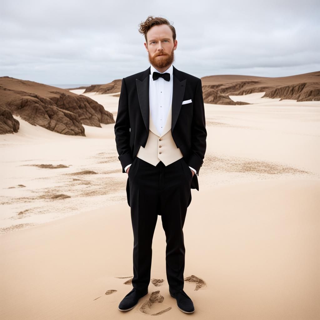 Man in Tuxedo on Desert Island
