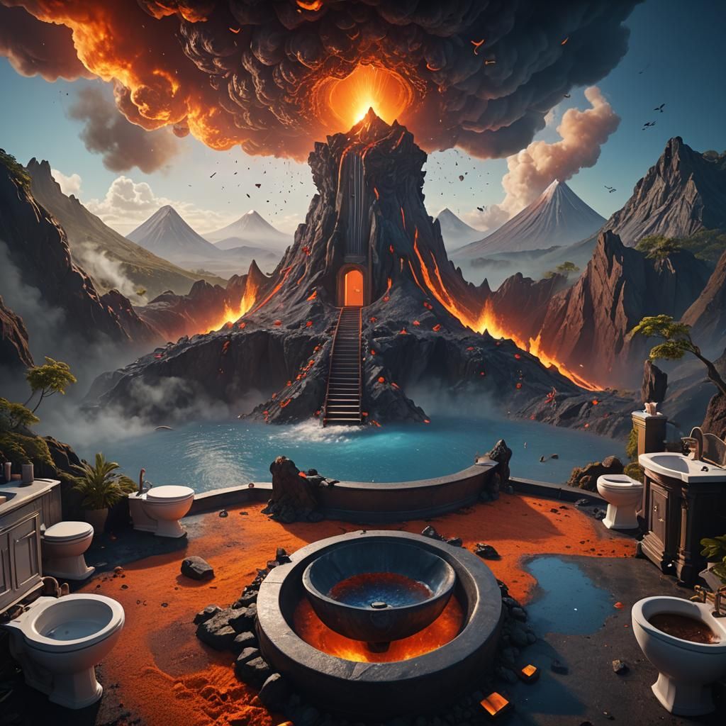 Volcano Bathroom with Flying Pigs: Fantasy Concept Art