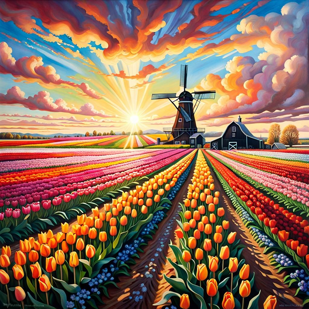Holland Tulip Fields at Sunset: Photorealistic Art
