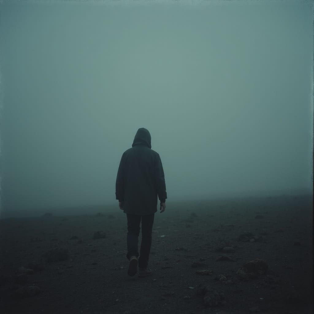 Figure Lost in Foggy Twilight Landscape, Atmospheric Realism