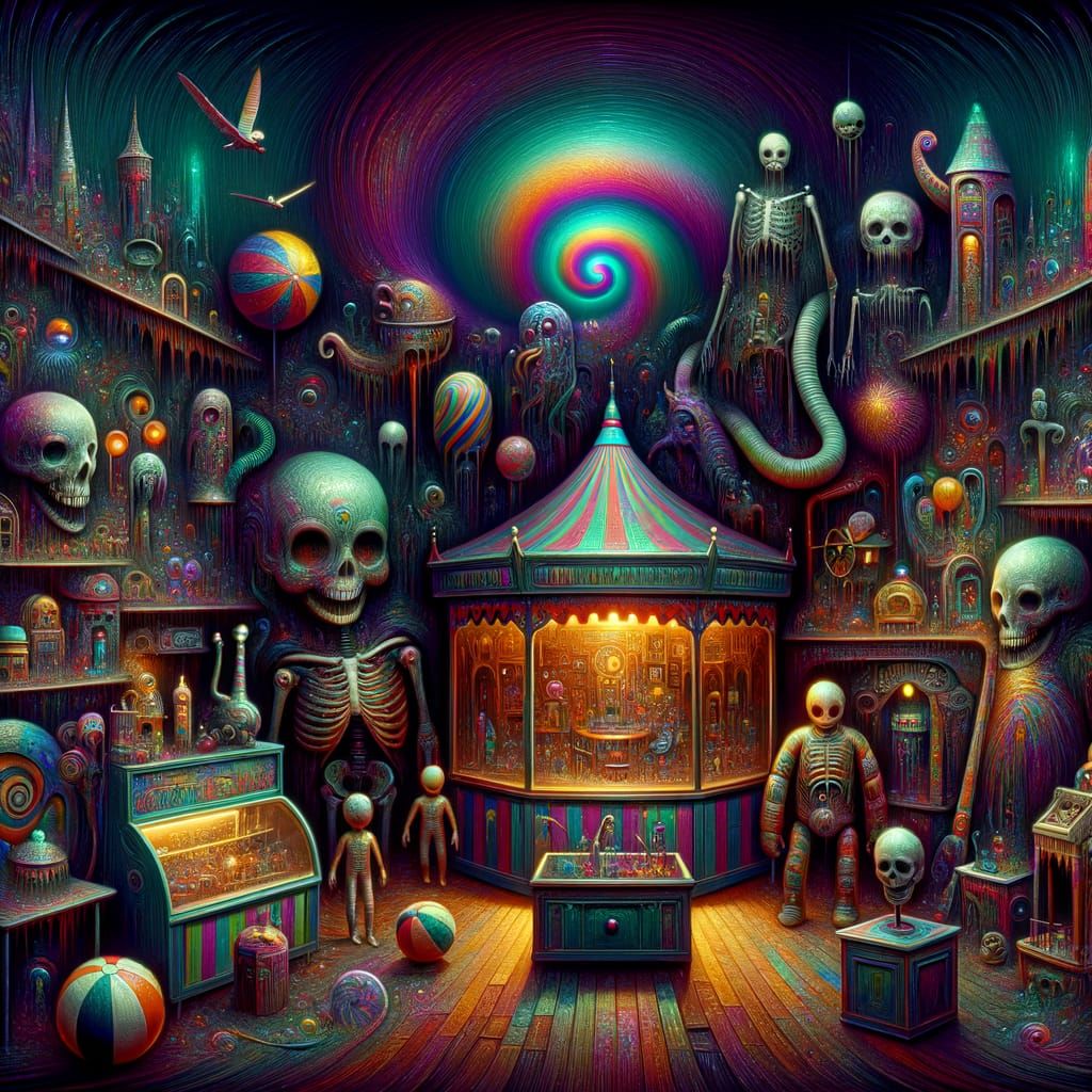 Eerie Psychedelic Funhouse with Uncanny Objects