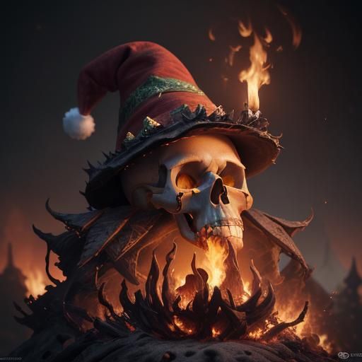 Flaming Santa Hat on Skull: Fantasy Concept Art