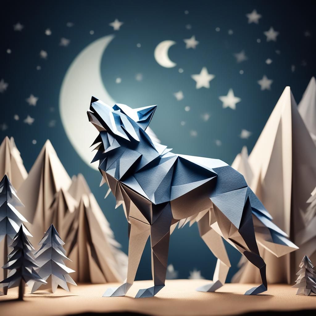 Origami Wolf Howling at Moon Papercraft
