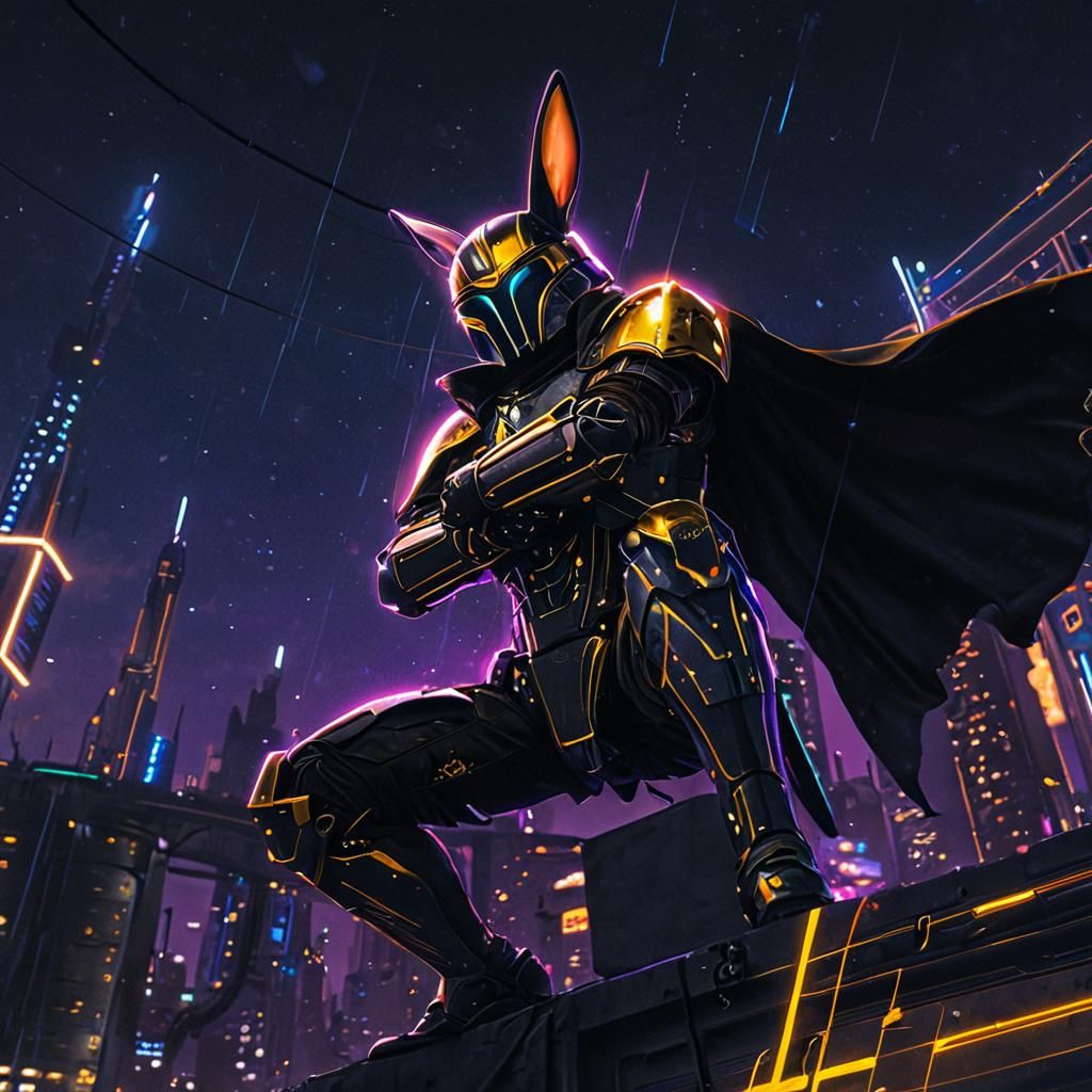 Biopunk Rabbit Warrior on Futuristic Cityscape