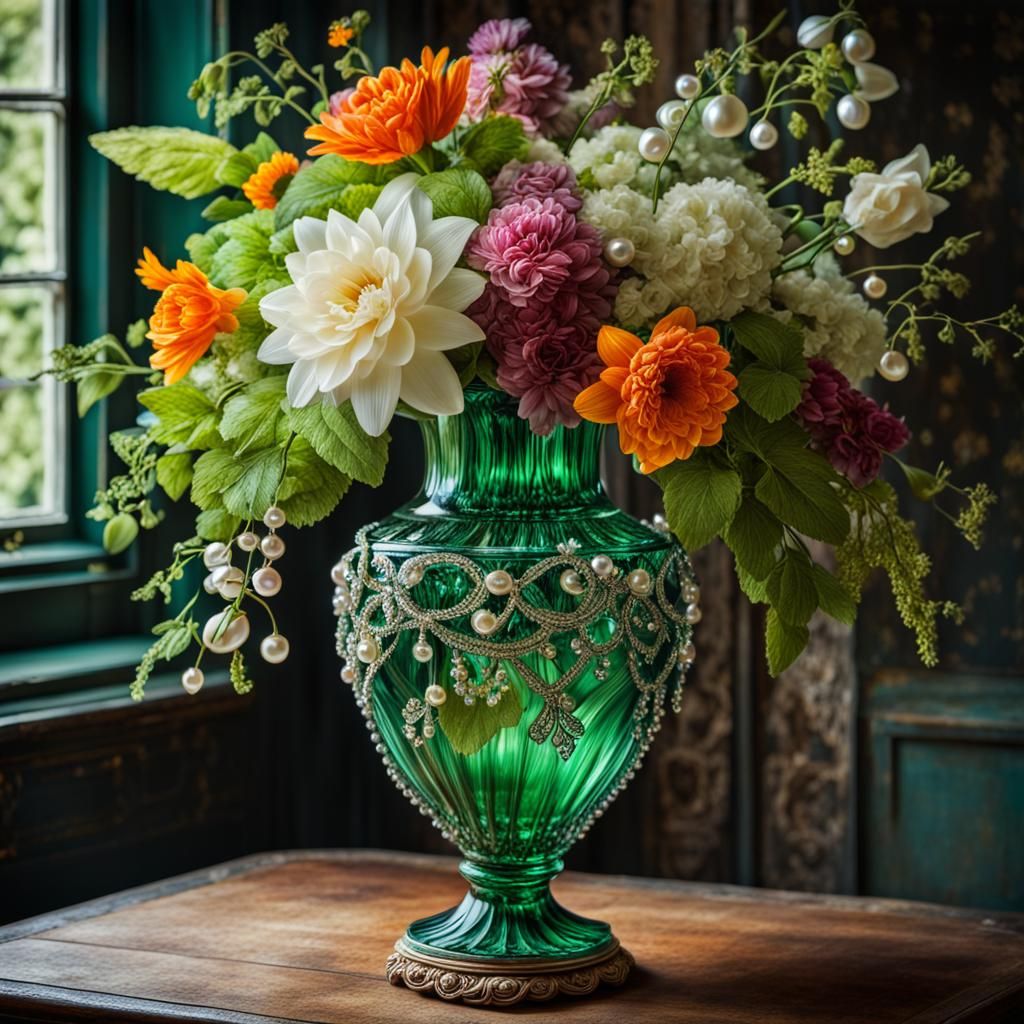 Ornate Green Vase with Summer Flowers