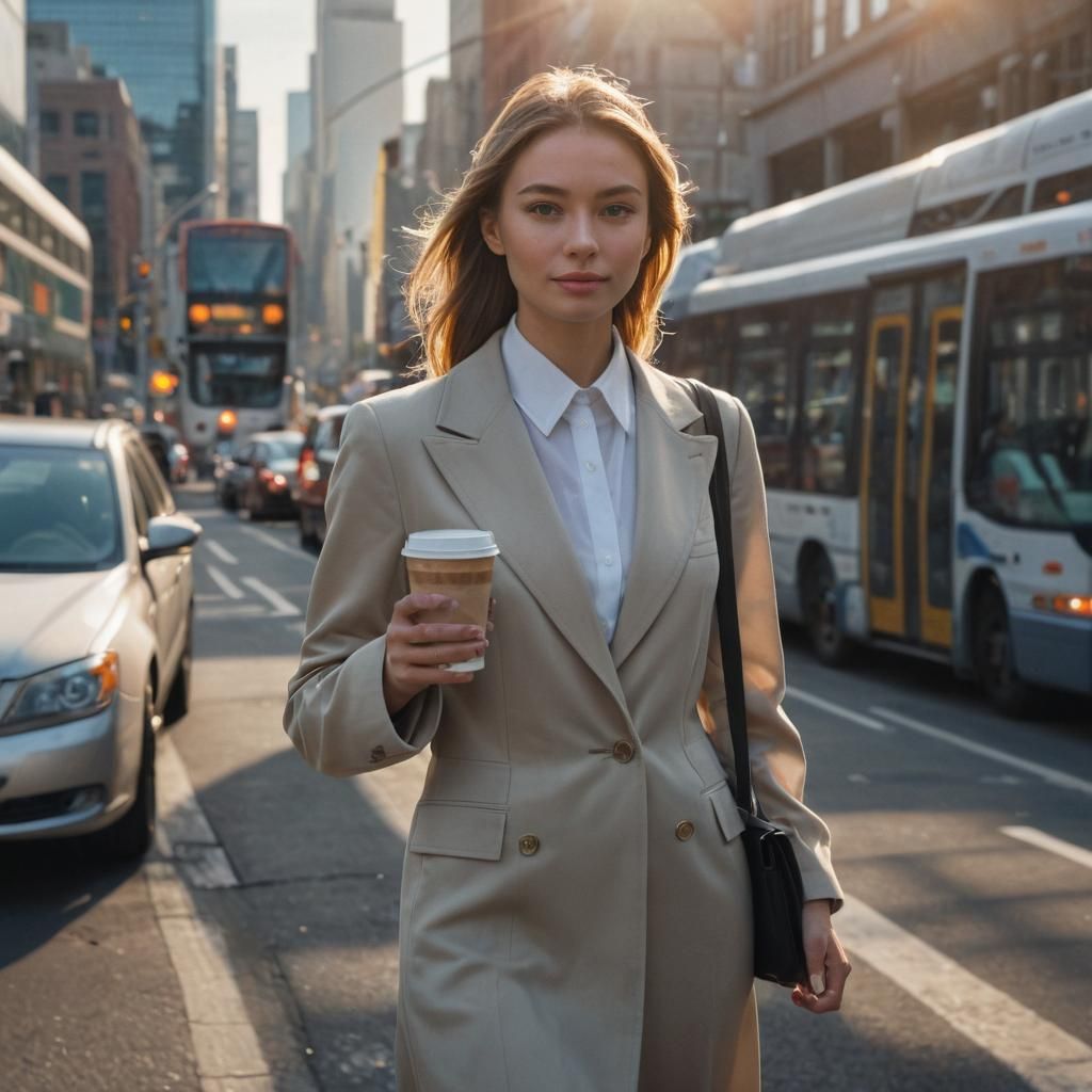 Cinematic Cityscape: Woman with Coffee in Digital Art