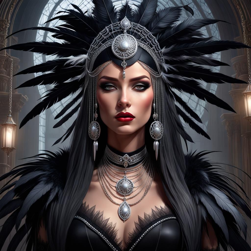 Gothic Woman Portrait with Feather Headdress