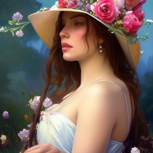 Woman in Floral Hat: Hyperdetailed Digital Portrait